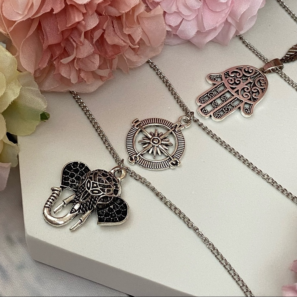 Boho Silver Leaf Hamsa Compass Elephant Necklace - Picture 12 of 15